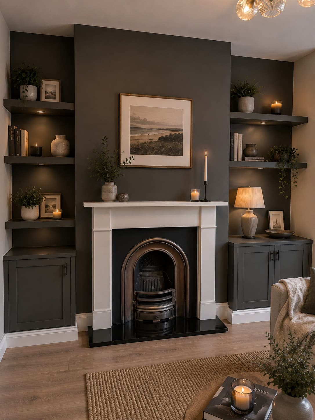 Bespoke built-in alcove shelving and cabinetry, hand-built and fitted by Jaeger's Joinery